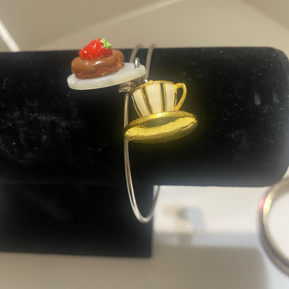 Gold Teacup & Red Strawberry Pastry Adjustable Bangle Bracelet